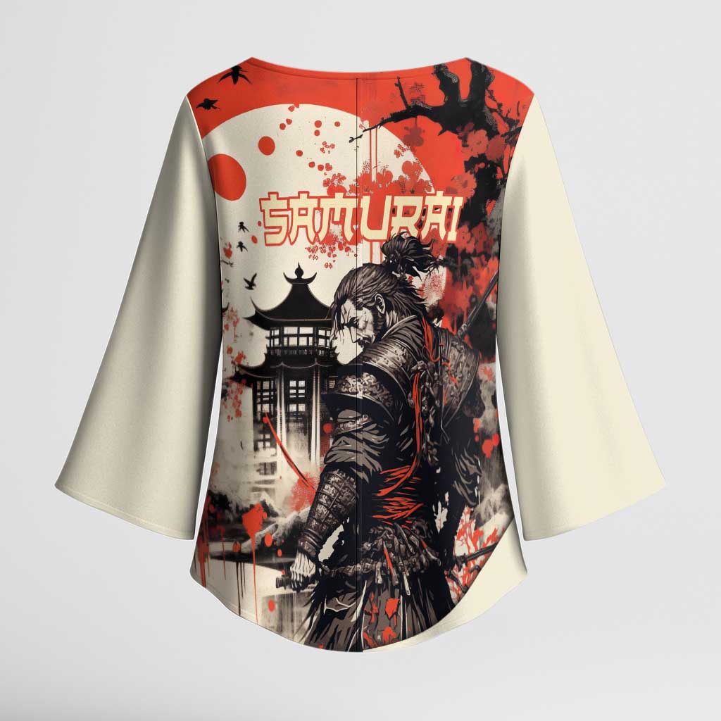 Samurai Warrior Japan Kimono Sleeve Blouse Red-blossomed Tree Classic Japanese Stylized - Polynesian Pride