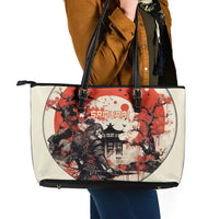 Samurai Warrior Japan Leather Tote Bag Red-blossomed Tree Classic Japanese Stylized - Polynesian Pride