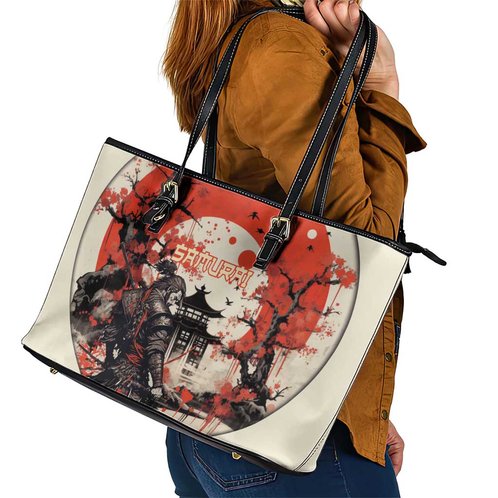 Samurai Warrior Japan Leather Tote Bag Red-blossomed Tree Classic Japanese Stylized - Polynesian Pride