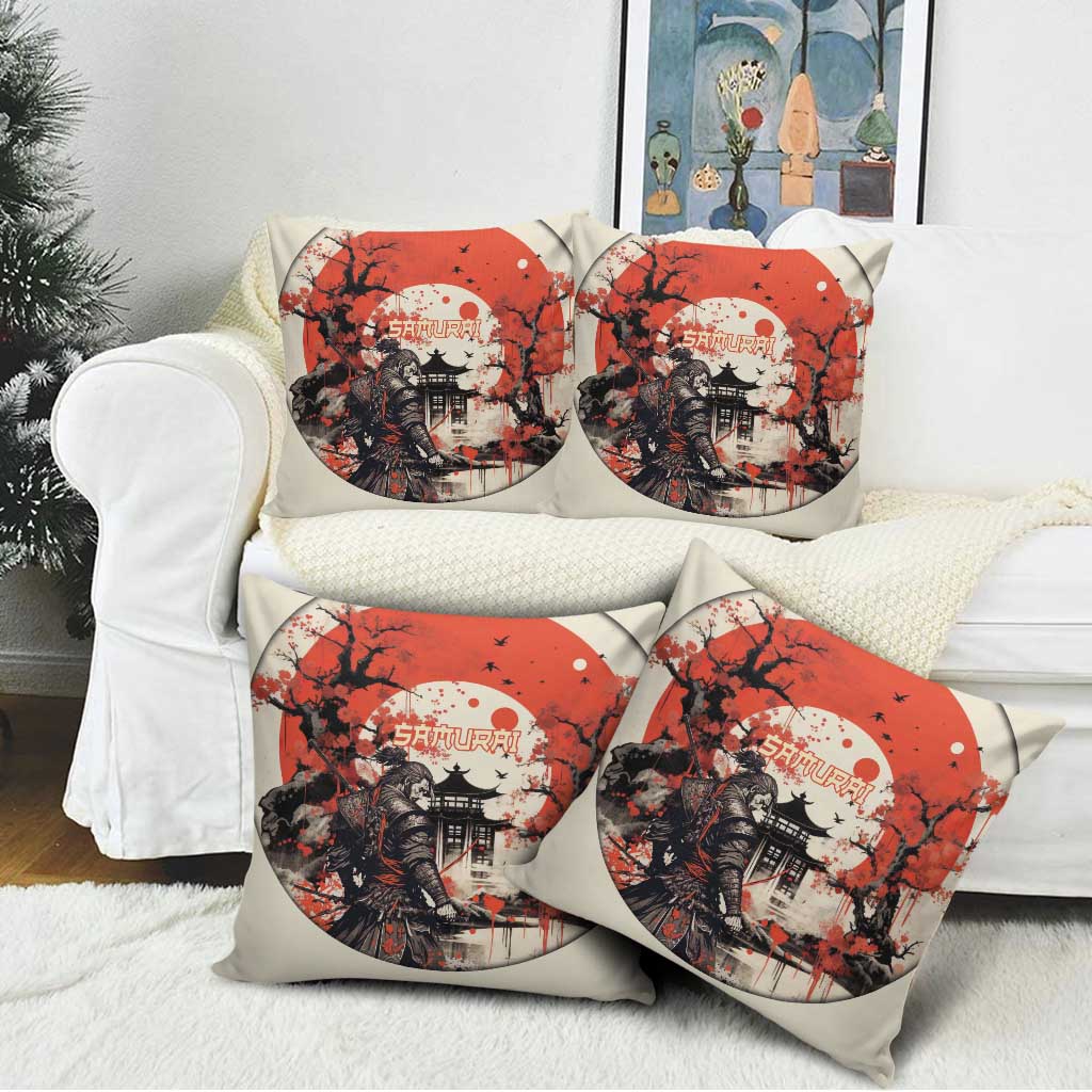 Samurai Warrior Japan Pillow Cover Red-blossomed Tree Classic Japanese Stylized - Polynesian Pride
