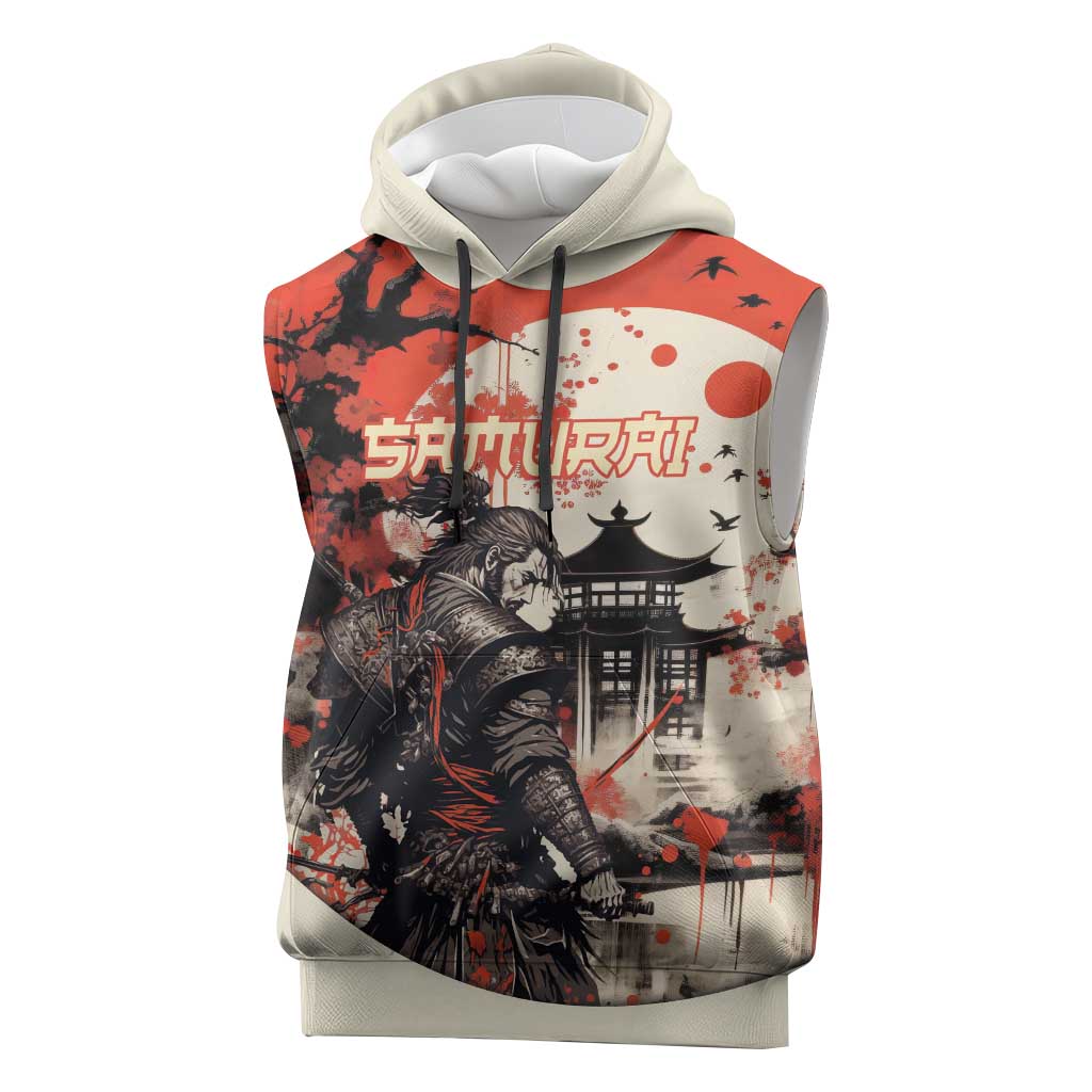 Samurai Warrior Japan Sleeveless Hoodie Red-blossomed Tree Classic Japanese Stylized - Polynesian Pride