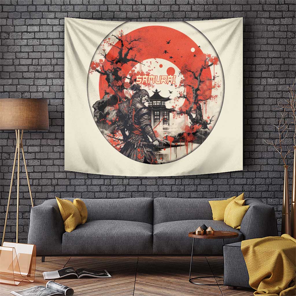 Samurai Warrior Japan Tapestry Red-blossomed Tree Classic Japanese Stylized - Polynesian Pride