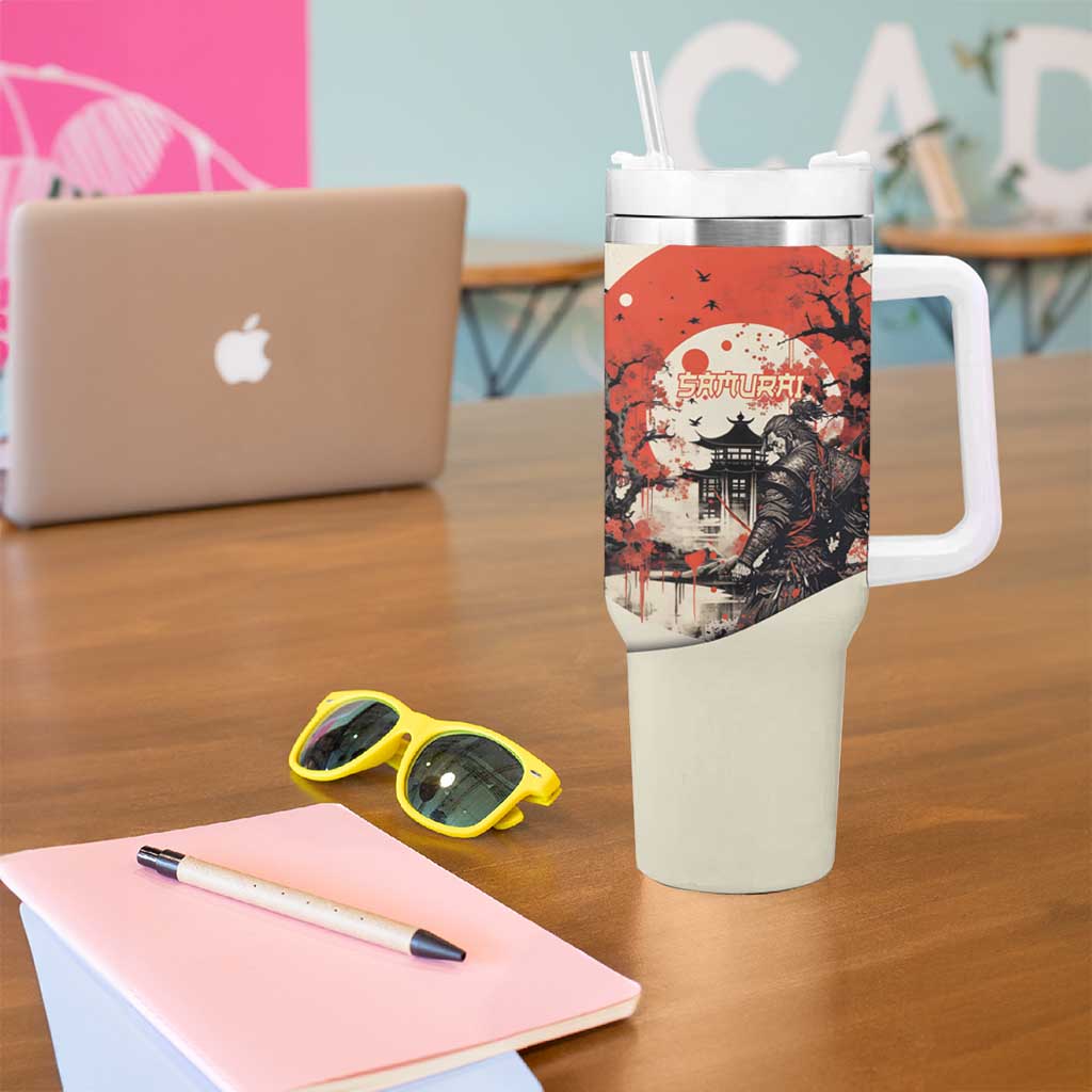 Samurai Warrior Japan Tumbler With Handle Red-blossomed Tree Classic Japanese Stylized - Polynesian Pride