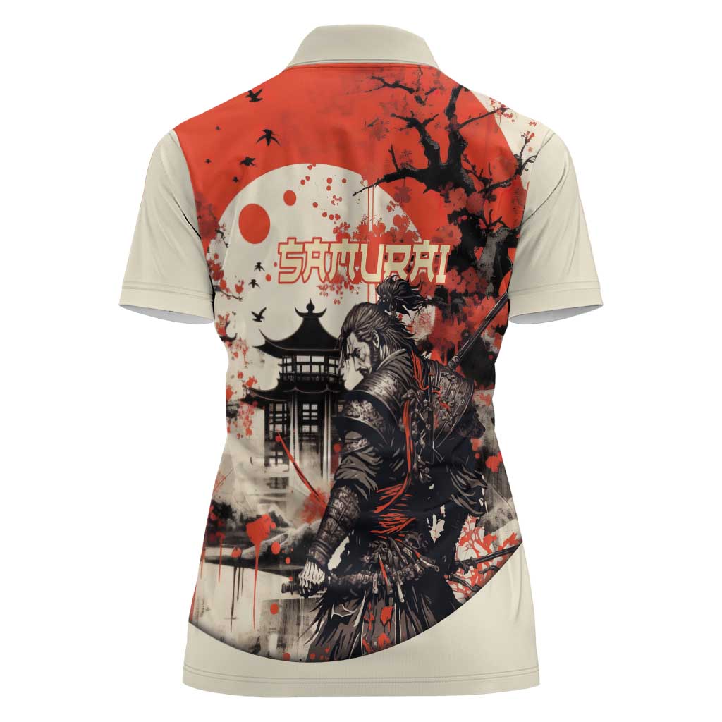 Samurai Warrior Japan Women Polo Shirt Red-blossomed Tree Classic Japanese Stylized - Polynesian Pride