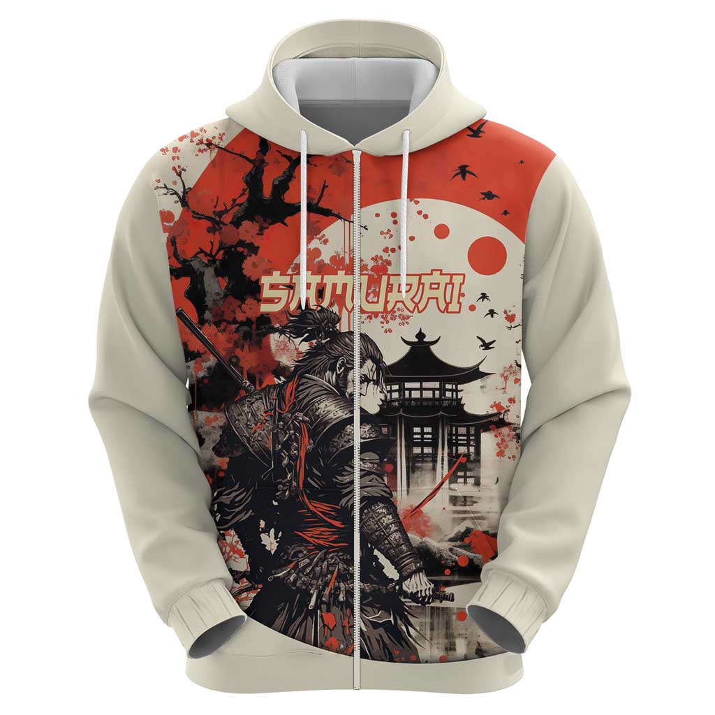 Samurai Warrior Japan Zip Hoodie Red-blossomed Tree Classic Japanese Stylized LT14 - Polynesian Pride