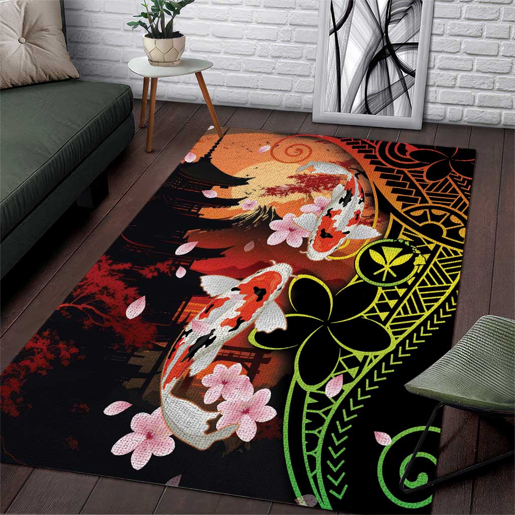 Hawaiian and Japanese Area Rug Koi Fish With Kanaka Polynesian Tattoo LT14 Black - Polynesian Pride