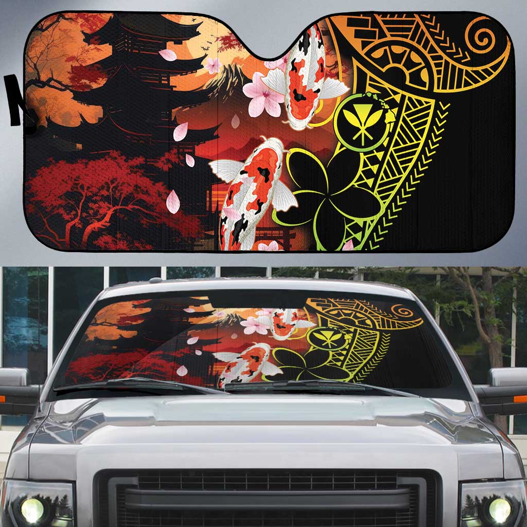 Hawaiian and Japanese Auto Sun Shade Koi Fish With Kanaka Polynesian Tattoo LT14 Black - Polynesian Pride