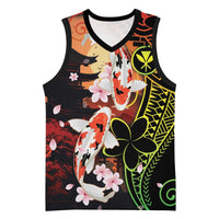 Hawaiian and Japanese Basketball Jersey Koi Fish With Kanaka Polynesian Tattoo LT14 Unisex Black - Polynesian Pride
