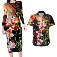 Hawaiian and Japanese Couples Matching Long Sleeve Bodycon Dress and Hawaiian Shirt Koi Fish With Kanaka Polynesian Tattoo LT14 Black - Polynesian Pride