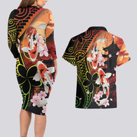 Hawaiian and Japanese Couples Matching Long Sleeve Bodycon Dress and Hawaiian Shirt Koi Fish With Kanaka Polynesian Tattoo LT14 - Polynesian Pride