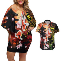 Hawaiian and Japanese Couples Matching Off Shoulder Short Dress and Hawaiian Shirt Koi Fish With Kanaka Polynesian Tattoo LT14 Black - Polynesian Pride