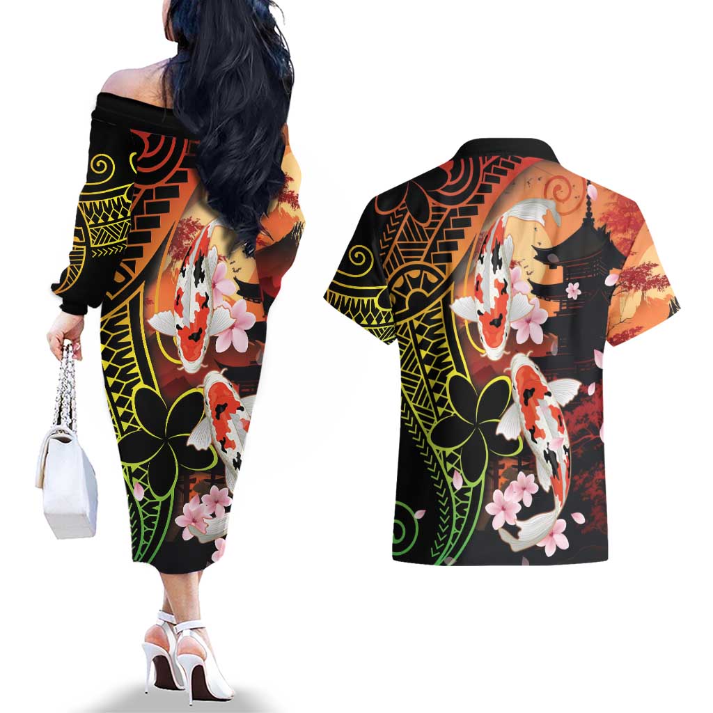 Hawaiian and Japanese Couples Matching Off The Shoulder Long Sleeve Dress and Hawaiian Shirt Koi Fish With Kanaka Polynesian Tattoo LT14 - Polynesian Pride