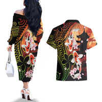 Hawaiian and Japanese Couples Matching Off The Shoulder Long Sleeve Dress and Hawaiian Shirt Koi Fish With Kanaka Polynesian Tattoo LT14 - Polynesian Pride