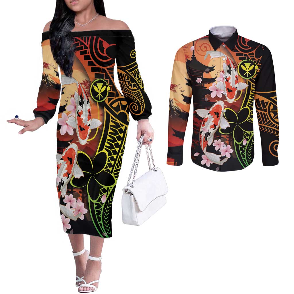 Hawaiian and Japanese Couples Matching Off The Shoulder Long Sleeve Dress and Long Sleeve Button Shirt Koi Fish With Kanaka Polynesian Tattoo LT14 Black - Polynesian Pride