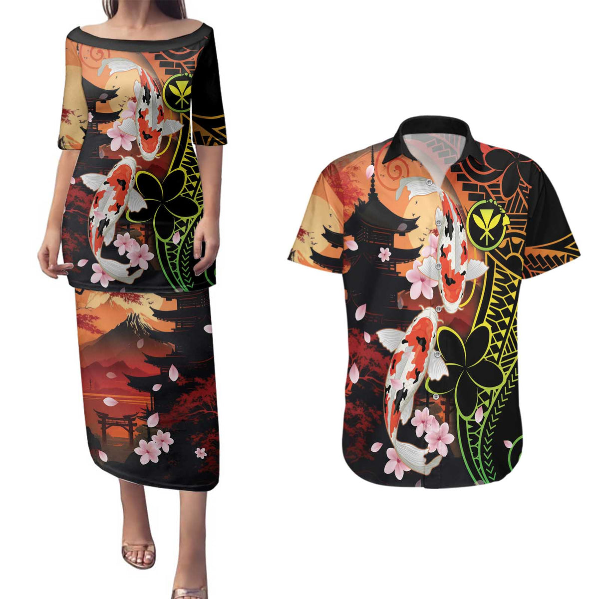 Hawaiian and Japanese Couples Matching Puletasi and Hawaiian Shirt Koi Fish With Kanaka Polynesian Tattoo - Polynesian Pride