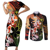 Hawaiian and Japanese Couples Matching Short Sleeve Bodycon Dress and Long Sleeve Button Shirt Koi Fish With Kanaka Polynesian Tattoo LT14 Black - Polynesian Pride