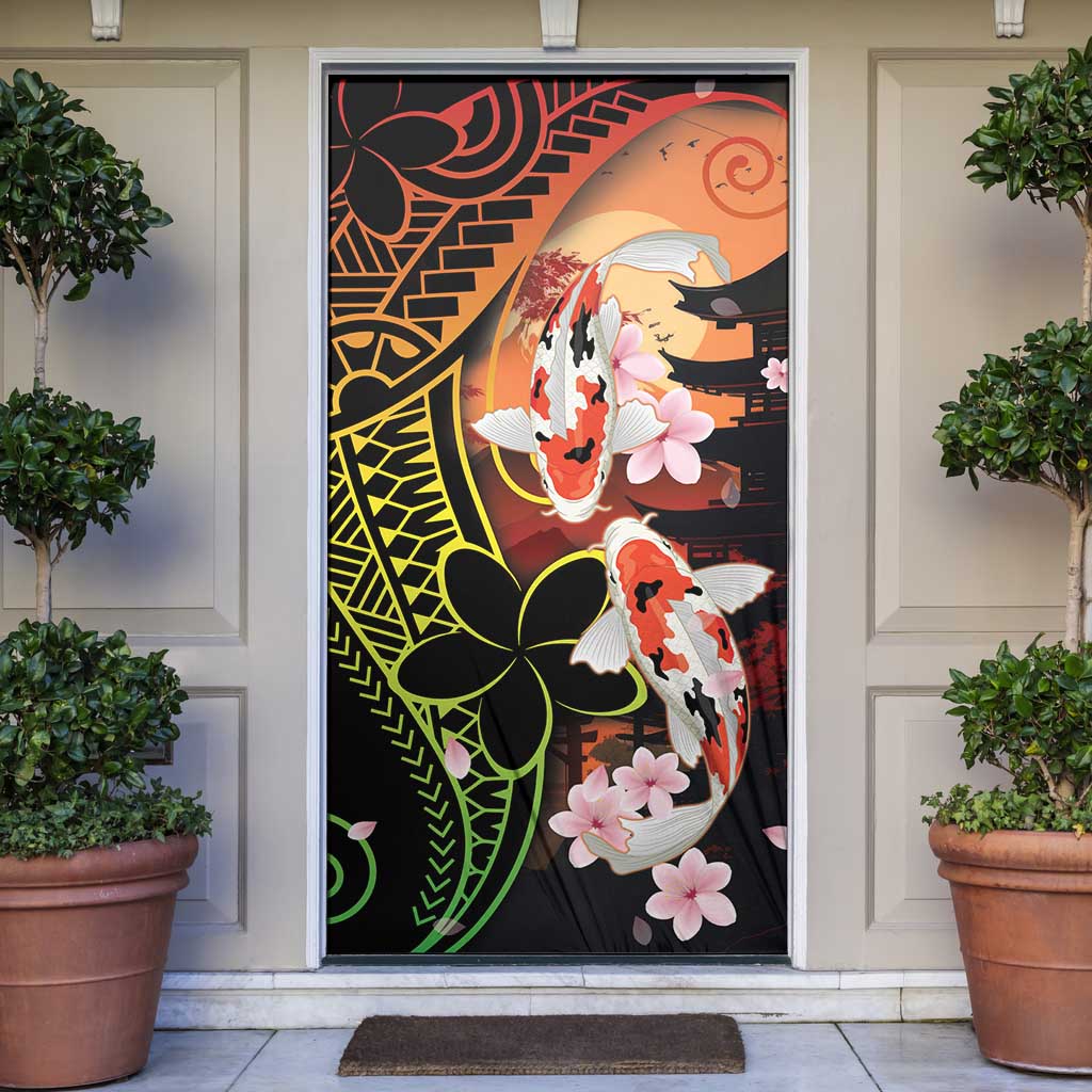 Hawaiian and Japanese Door Cover Koi Fish With Kanaka Polynesian Tattoo LT14 Black - Polynesian Pride
