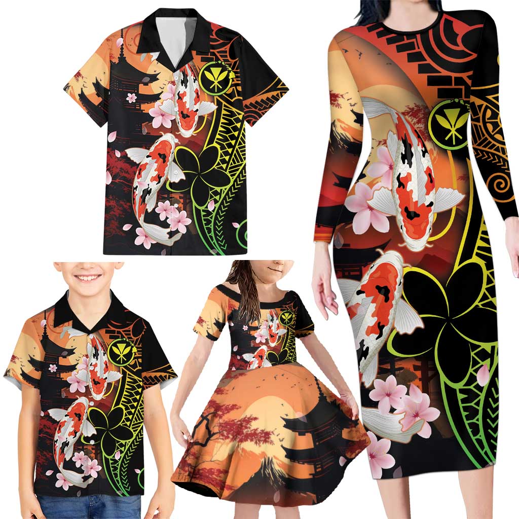 Hawaiian and Japanese Family Matching Long Sleeve Bodycon Dress and Hawaiian Shirt Koi Fish With Kanaka Polynesian Tattoo LT14 - Polynesian Pride
