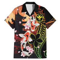 Hawaiian and Japanese Family Matching Mermaid Dress and Hawaiian Shirt Koi Fish With Kanaka Polynesian Tattoo LT14 Dad's Shirt - Short Sleeve Black - Polynesian Pride