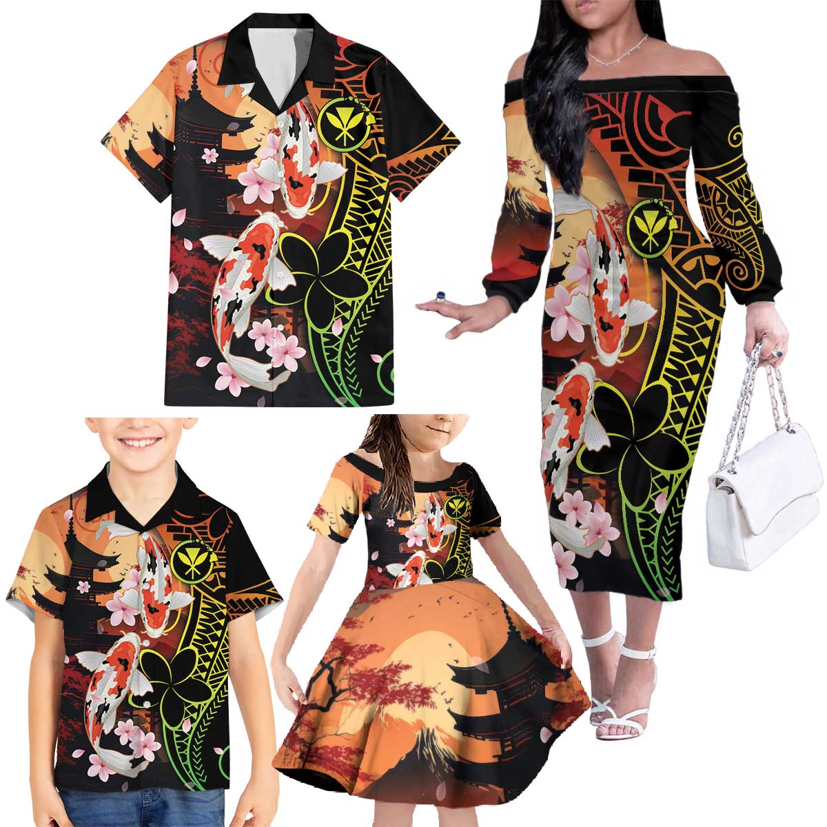 Hawaiian and Japanese Family Matching Off The Shoulder Long Sleeve Dress and Hawaiian Shirt Koi Fish With Kanaka Polynesian Tattoo LT14 - Polynesian Pride