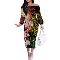 Hawaiian and Japanese Family Matching Off The Shoulder Long Sleeve Dress and Hawaiian Shirt Koi Fish With Kanaka Polynesian Tattoo LT14 Mom's Dress Black - Polynesian Pride