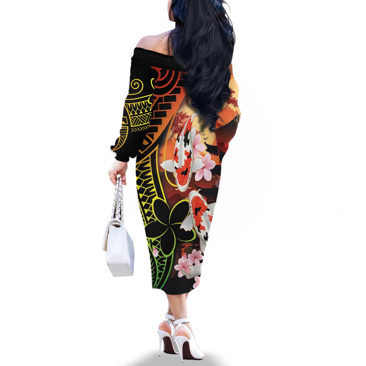 Hawaiian and Japanese Family Matching Off The Shoulder Long Sleeve Dress and Hawaiian Shirt Koi Fish With Kanaka Polynesian Tattoo LT14 - Polynesian Pride