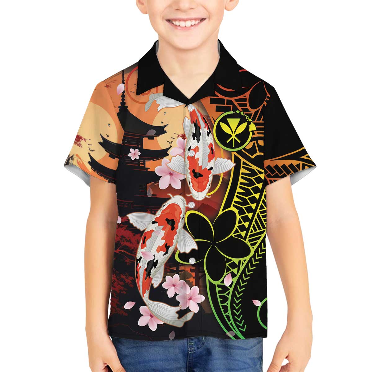 Hawaiian and Japanese Family Matching Off The Shoulder Long Sleeve Dress and Hawaiian Shirt Koi Fish With Kanaka Polynesian Tattoo LT14 Son's Shirt Black - Polynesian Pride