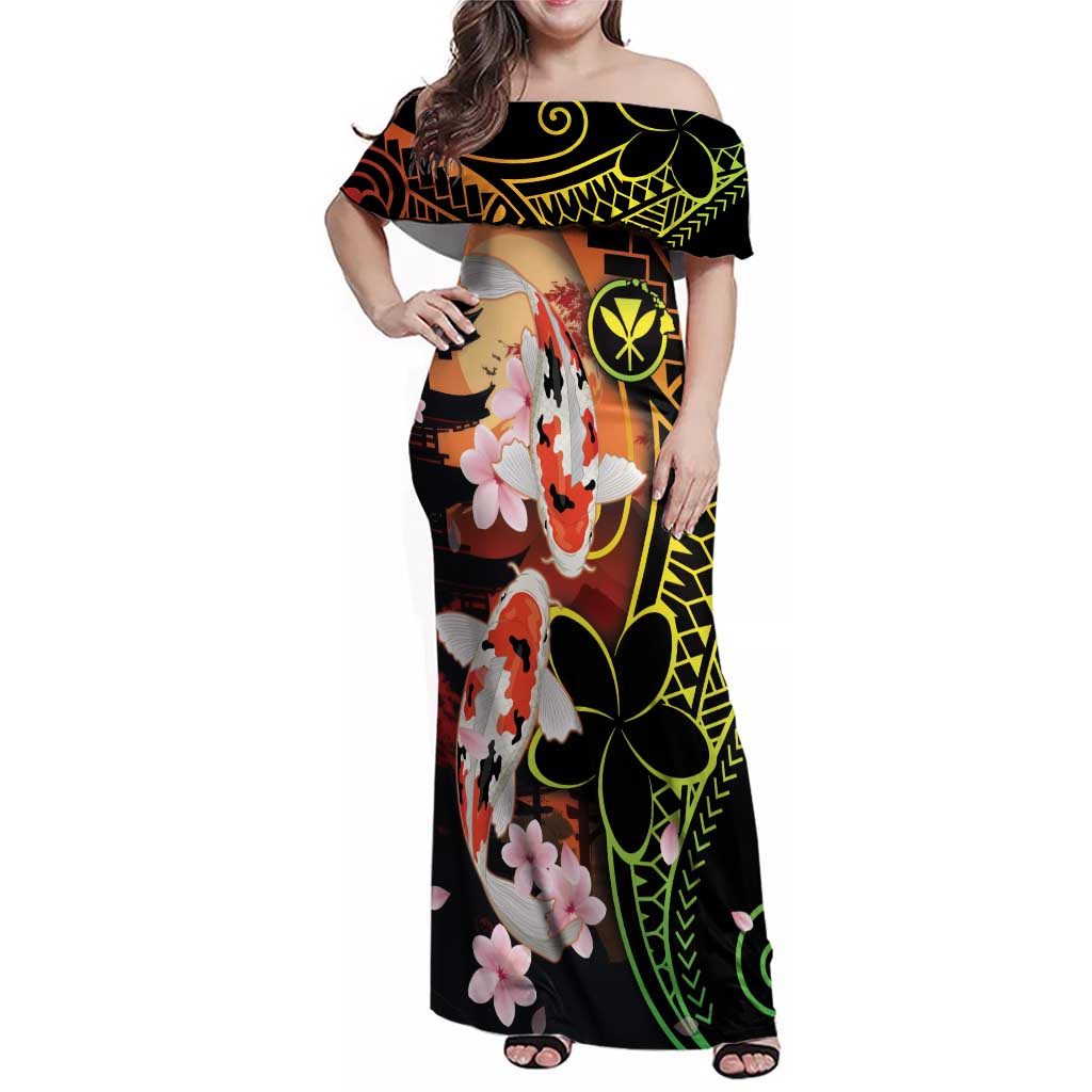 Hawaiian and Japanese Family Matching Off Shoulder Maxi Dress and Hawaiian Shirt Koi Fish With Kanaka Polynesian Tattoo LT14 Mom's Dress Black - Polynesian Pride