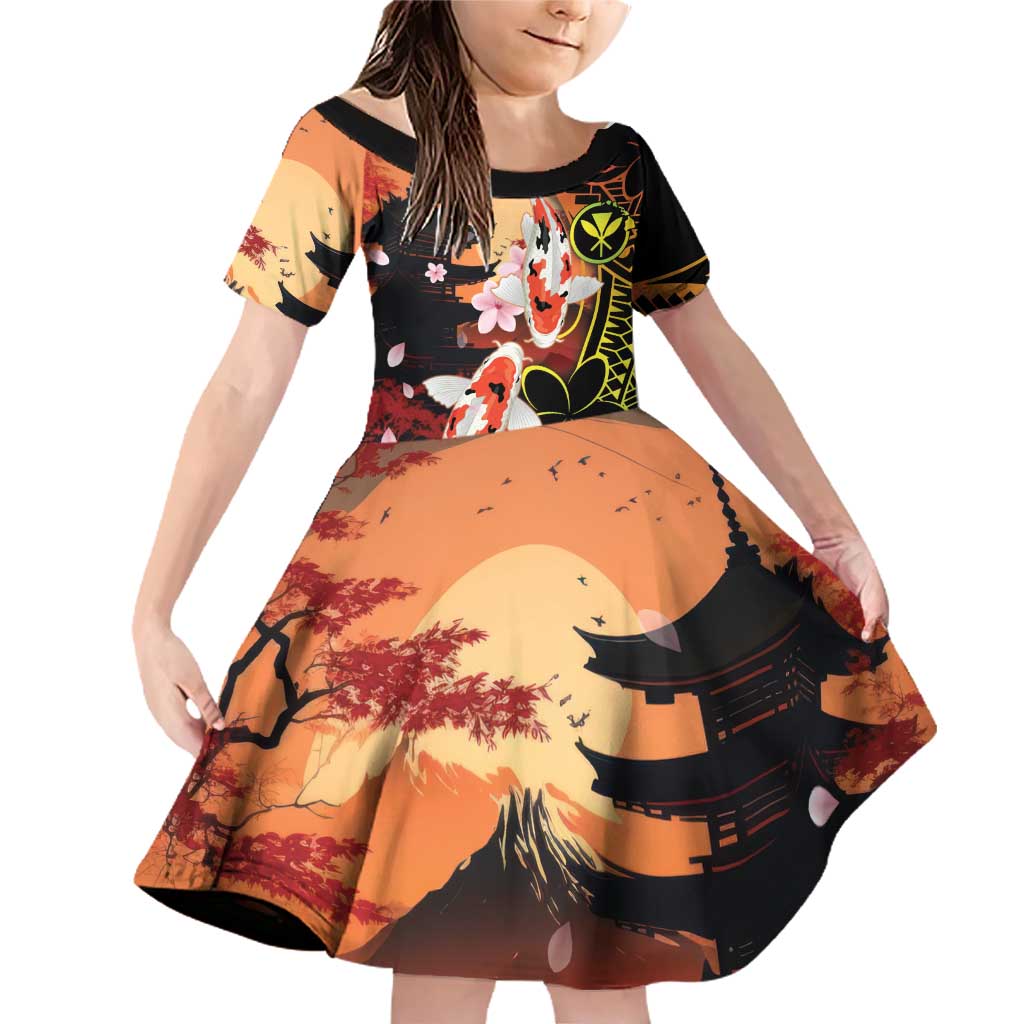 Hawaiian and Japanese Family Matching Off Shoulder Short Dress and Hawaiian Shirt Koi Fish With Kanaka Polynesian Tattoo LT14 Daughter's Dress Black - Polynesian Pride