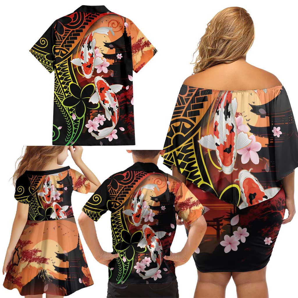 Hawaiian and Japanese Family Matching Off Shoulder Short Dress and Hawaiian Shirt Koi Fish With Kanaka Polynesian Tattoo LT14 - Polynesian Pride