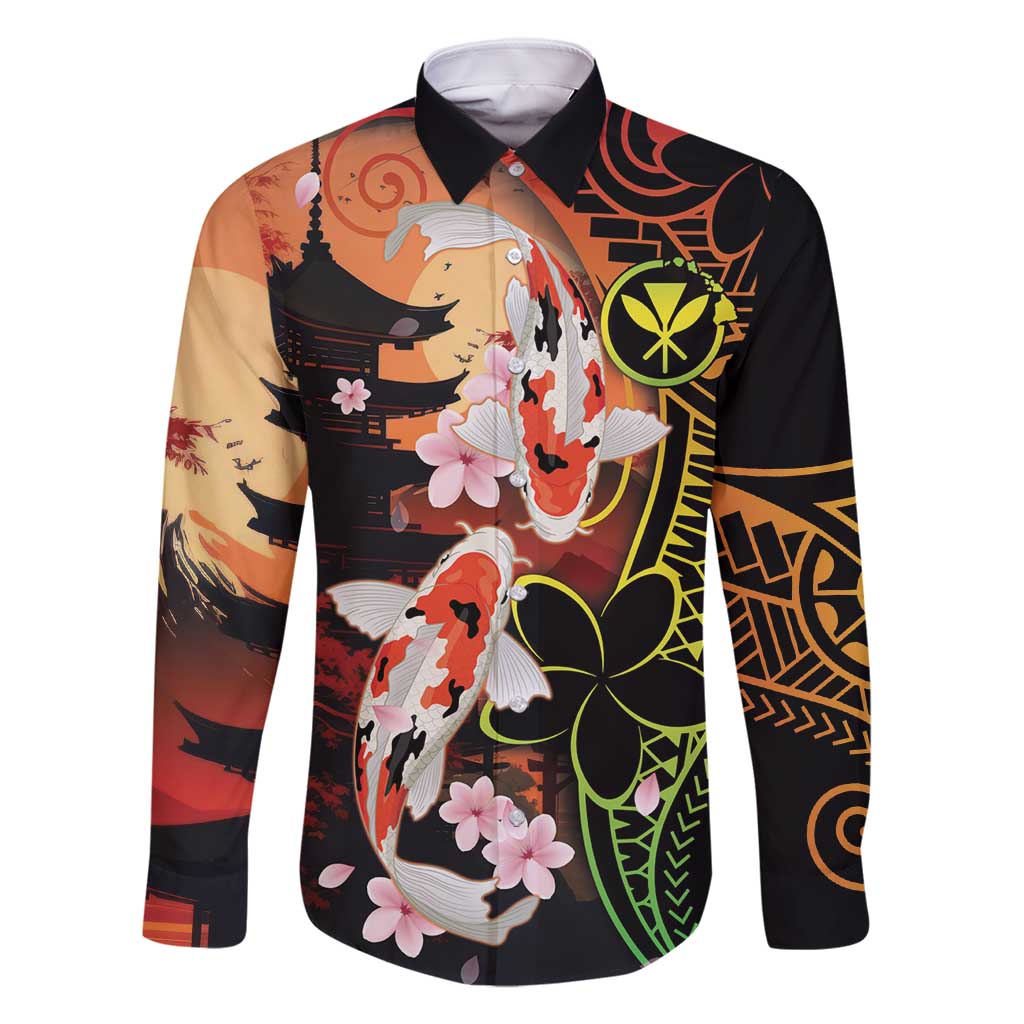 Hawaiian and Japanese Family Matching Off Shoulder Short Dress and Hawaiian Shirt Koi Fish With Kanaka Polynesian Tattoo LT14 Dad's Shirt - Long Sleeve Black - Polynesian Pride