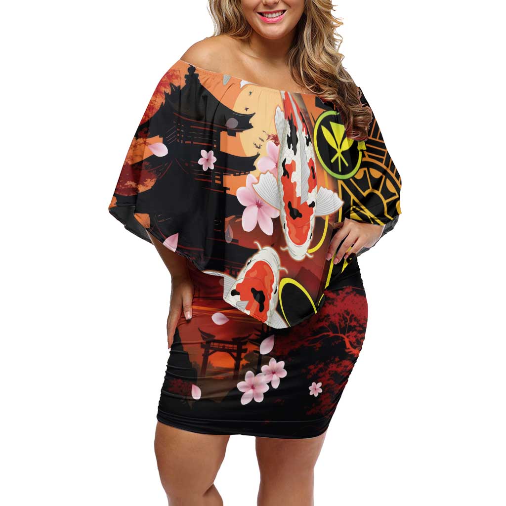 Hawaiian and Japanese Family Matching Off Shoulder Short Dress and Hawaiian Shirt Koi Fish With Kanaka Polynesian Tattoo LT14 Mom's Dress Black - Polynesian Pride