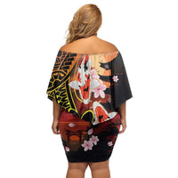 Hawaiian and Japanese Family Matching Off Shoulder Short Dress and Hawaiian Shirt Koi Fish With Kanaka Polynesian Tattoo LT14 - Polynesian Pride