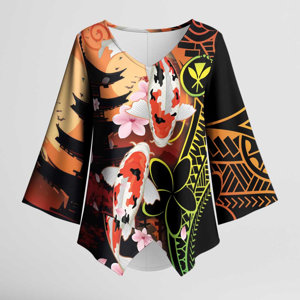 Hawaiian and Japanese Kimono Sleeve Blouse Koi Fish With Kanaka Polynesian Tattoo LT14 Female Black - Polynesian Pride