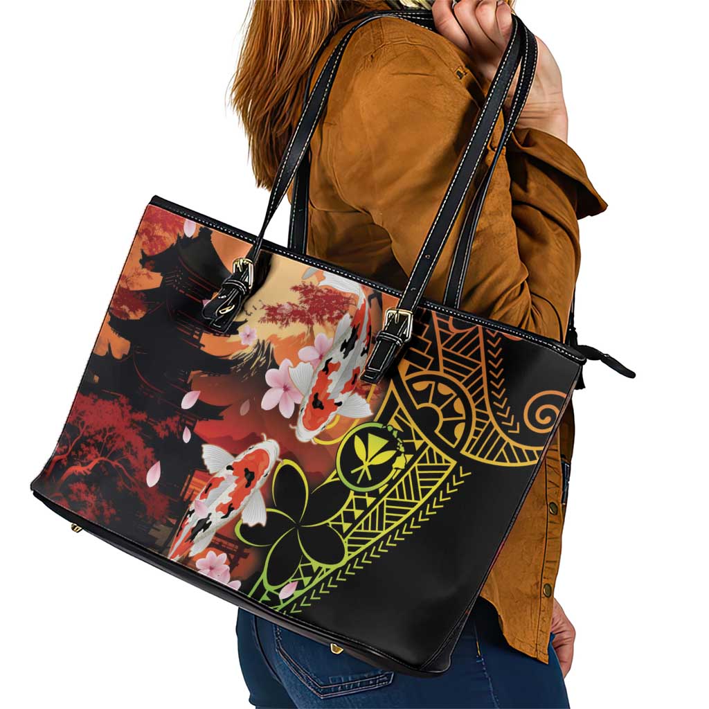 Hawaiian and Japanese Leather Tote Bag Koi Fish With Kanaka Polynesian Tattoo - Polynesian Pride