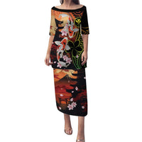 Hawaiian and Japanese Puletasi Koi Fish With Kanaka Polynesian Tattoo LT14 Long Dress Black - Polynesian Pride