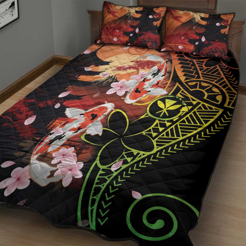Hawaiian and Japanese Quilt Bed Set Koi Fish With Kanaka Polynesian Tattoo LT14 - Polynesian Pride