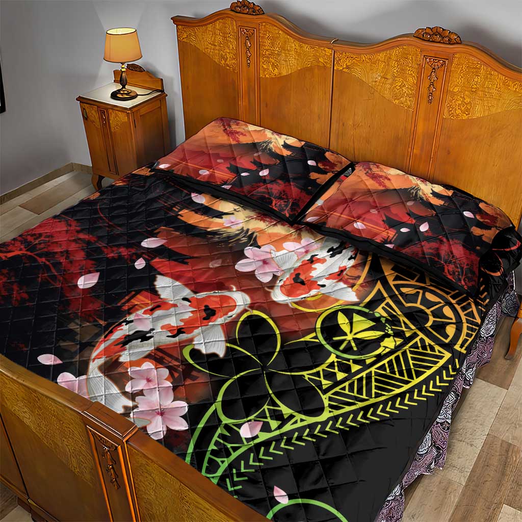 Hawaiian and Japanese Quilt Bed Set Koi Fish With Kanaka Polynesian Tattoo LT14 - Polynesian Pride