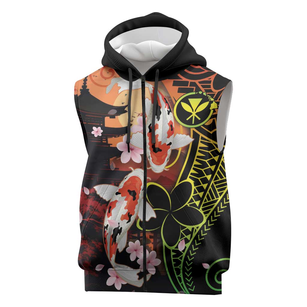 Hawaiian and Japanese Sleeveless Zip Hoodie Koi Fish With Kanaka Polynesian Tattoo - Polynesian Pride