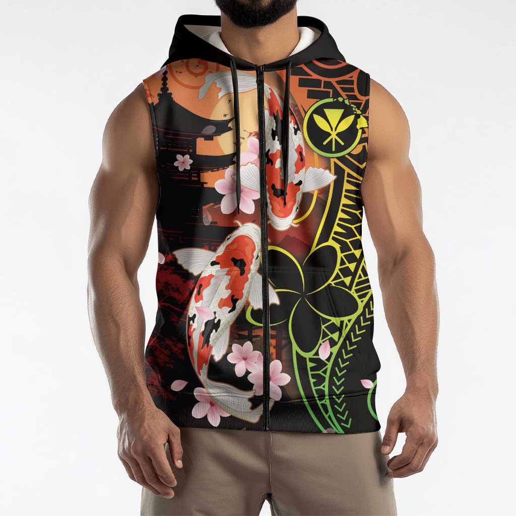Hawaiian and Japanese Sleeveless Zip Hoodie Koi Fish With Kanaka Polynesian Tattoo - Polynesian Pride