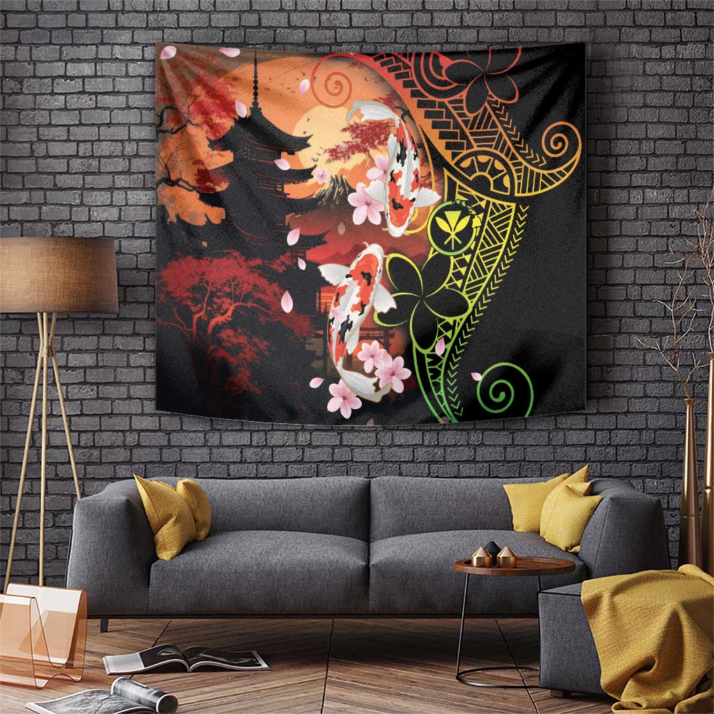 Hawaiian and Japanese Tapestry Koi Fish With Kanaka Polynesian Tattoo LT14 Black - Polynesian Pride