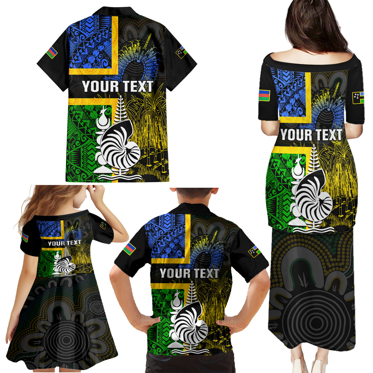Personalised South Sea Islanders Family Matching Puletasi Dress and Hawaiian Shirt Kanakas With New Caledonia Coat Of Arms LT14 - Polynesian Pride