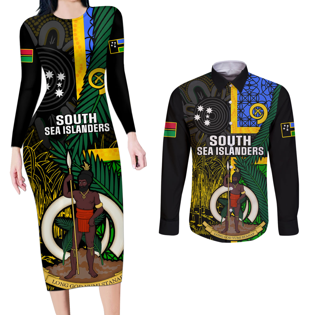 Personalised South Sea Islanders Couples Matching Long Sleeve Bodycon Dress and Long Sleeve Button Shirts Kanakas With Vanuatu Coat Of Arms LT14 Black - Polynesian Pride