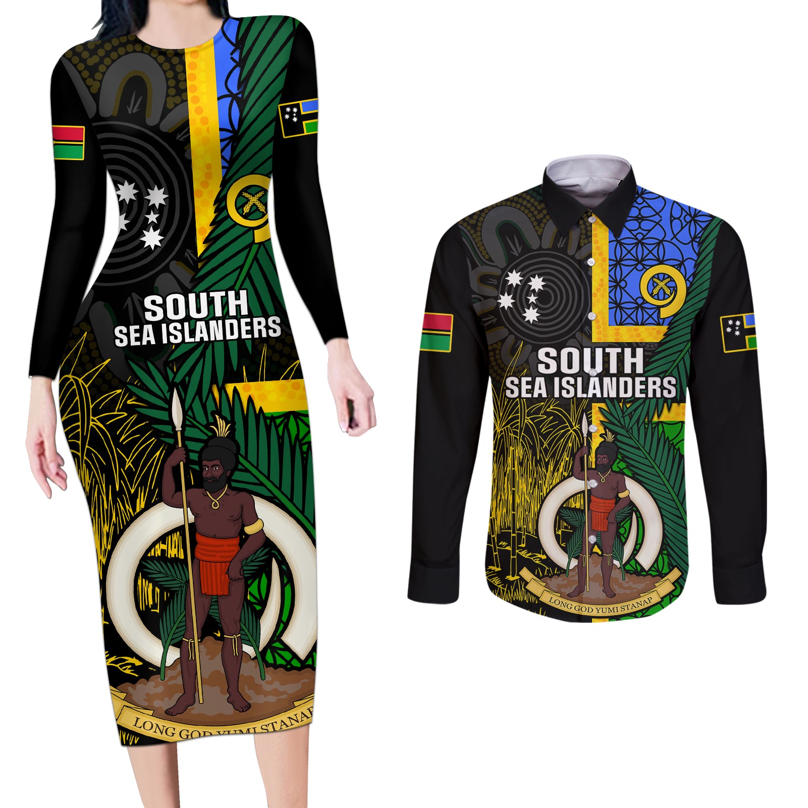 Personalised South Sea Islanders Couples Matching Long Sleeve Bodycon Dress and Long Sleeve Button Shirts Kanakas With Vanuatu Coat Of Arms LT14 Black - Polynesian Pride