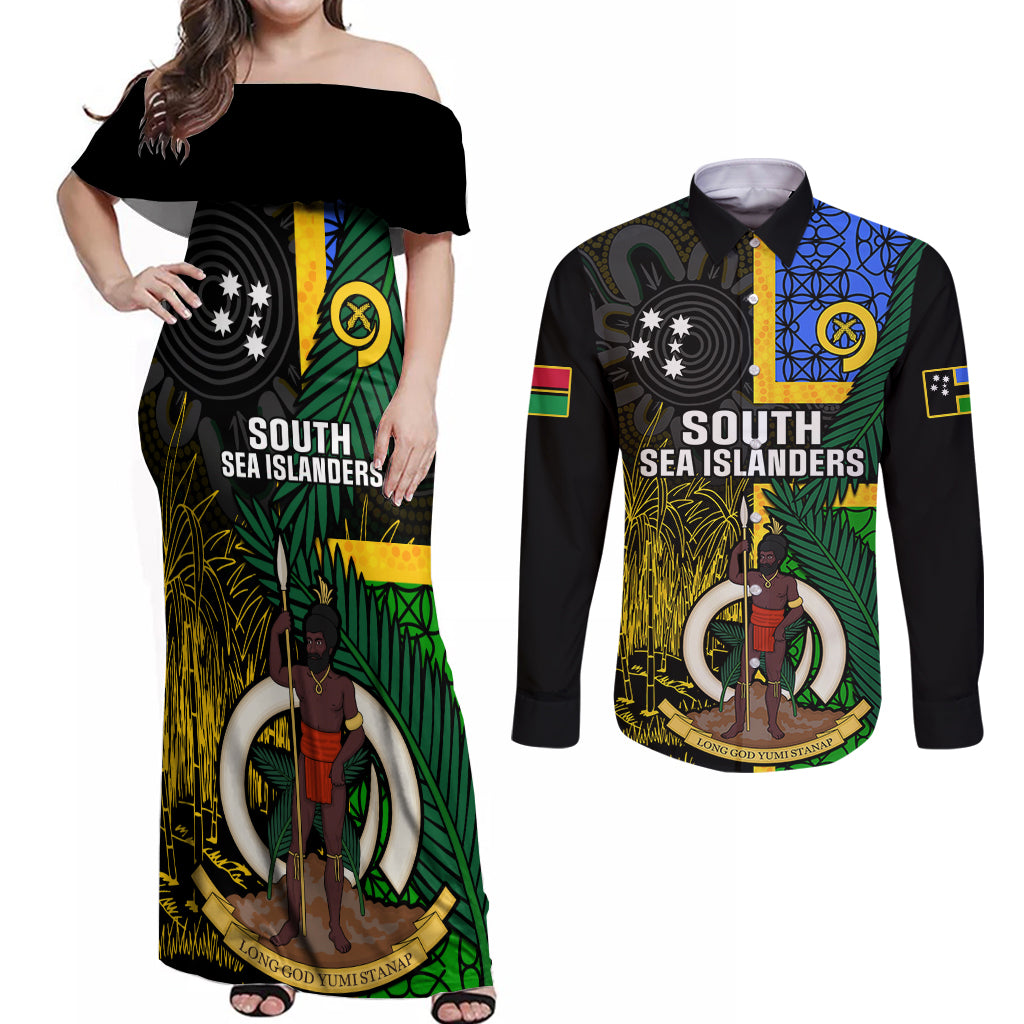 Personalised South Sea Islanders Couples Matching Off Shoulder Maxi Dress and Long Sleeve Button Shirts Kanakas With Vanuatu Coat Of Arms LT14 Black - Polynesian Pride