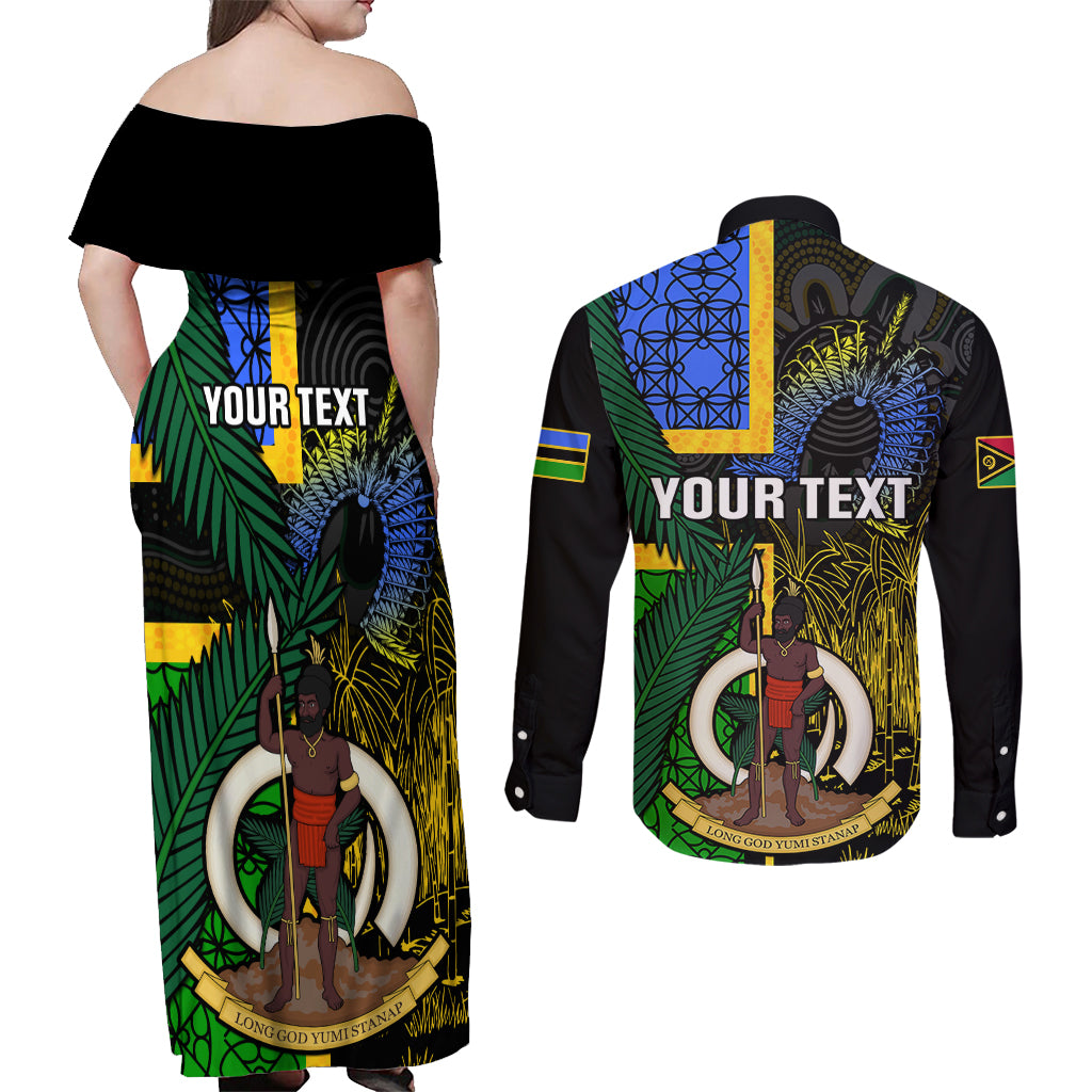 Personalised South Sea Islanders Couples Matching Off Shoulder Maxi Dress and Long Sleeve Button Shirts Kanakas With Vanuatu Coat Of Arms LT14 - Polynesian Pride