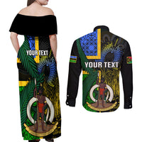 Personalised South Sea Islanders Couples Matching Off Shoulder Maxi Dress and Long Sleeve Button Shirts Kanakas With Vanuatu Coat Of Arms LT14 - Polynesian Pride