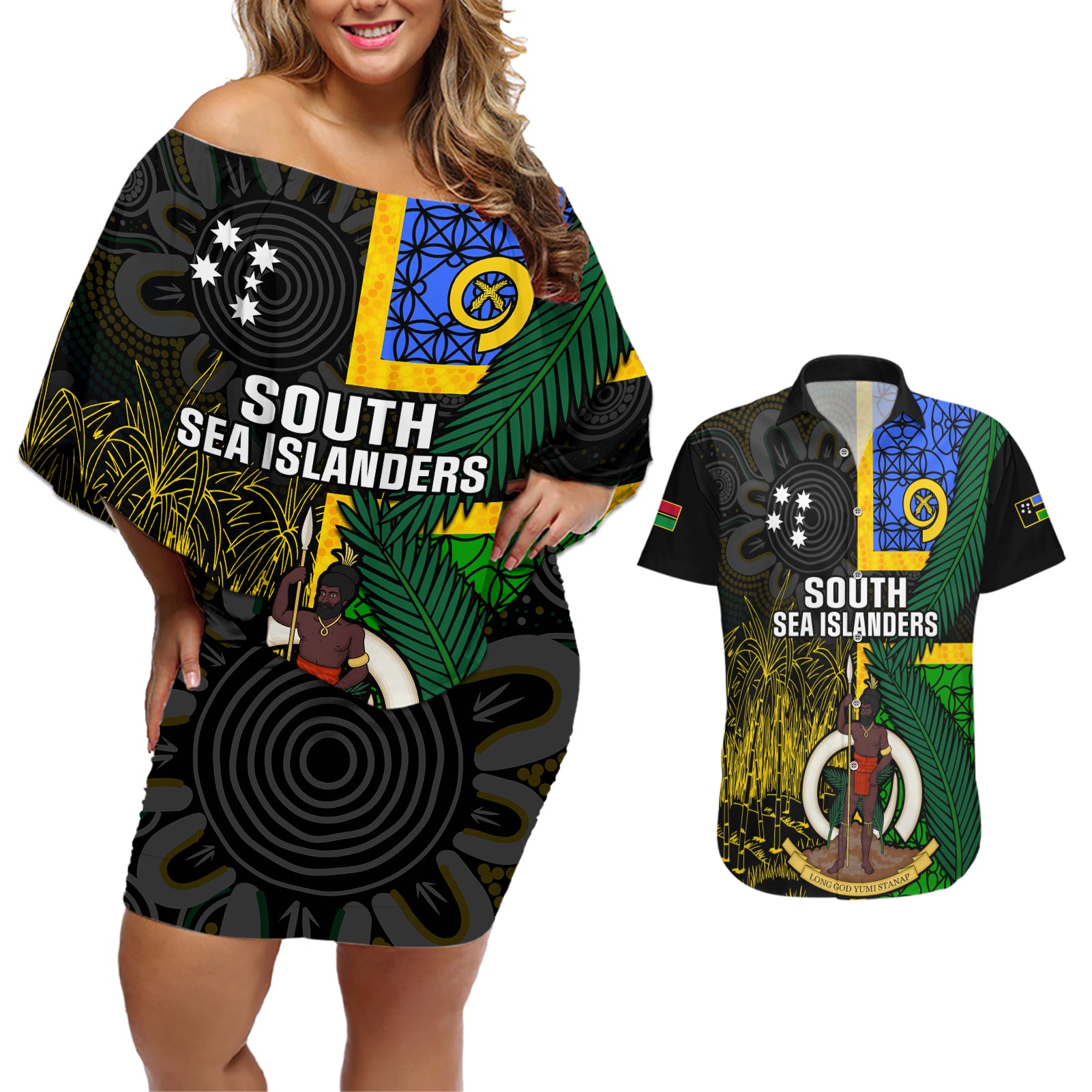 Personalised South Sea Islanders Couples Matching Off Shoulder Short Dress and Hawaiian Shirt Kanakas With Vanuatu Coat Of Arms LT14 Black - Polynesian Pride