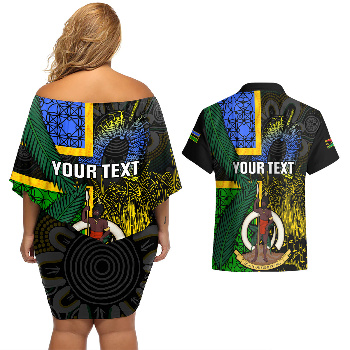 Personalised South Sea Islanders Couples Matching Off Shoulder Short Dress and Hawaiian Shirt Kanakas With Vanuatu Coat Of Arms LT14 - Polynesian Pride