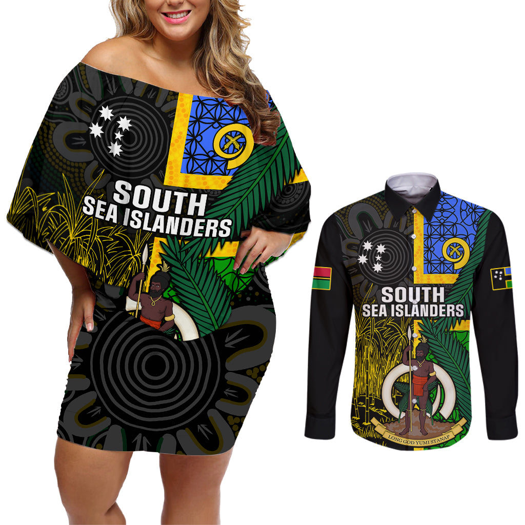 Personalised South Sea Islanders Couples Matching Off Shoulder Short Dress and Long Sleeve Button Shirts Kanakas With Vanuatu Coat Of Arms LT14 Black - Polynesian Pride
